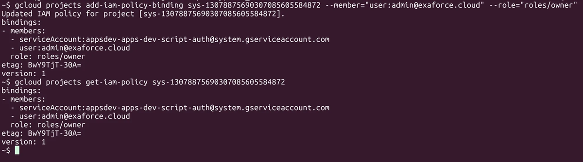 admin@exaforce.cloudをオーナーとして追加し、IAMポリシーの更新を確認するgcloudコマンド