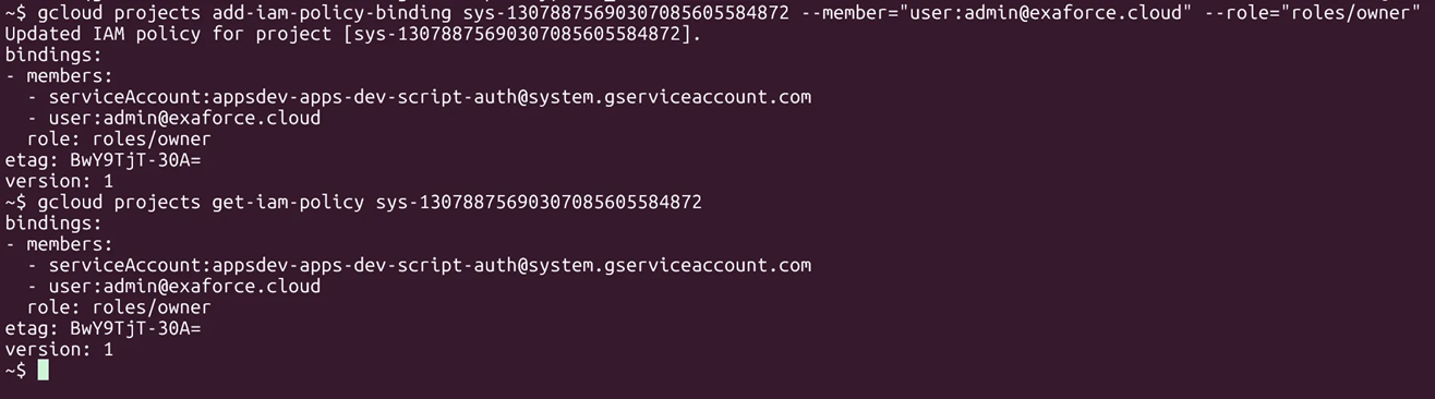 admin@exaforce.cloudをオーナーとして追加し、IAMポリシーの更新を確認するgcloudコマンド