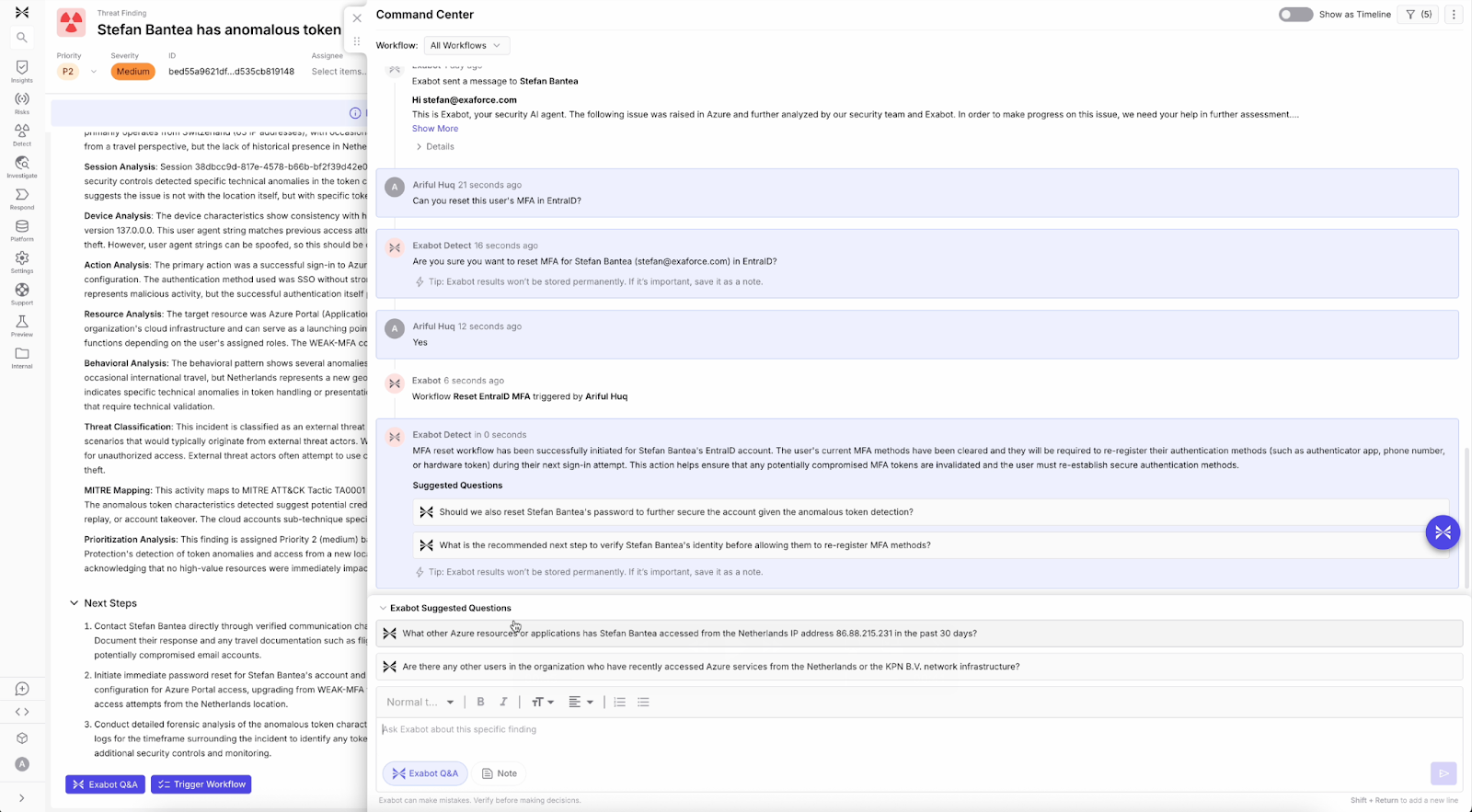 Command Center interface used to reset MFA through a natural language request