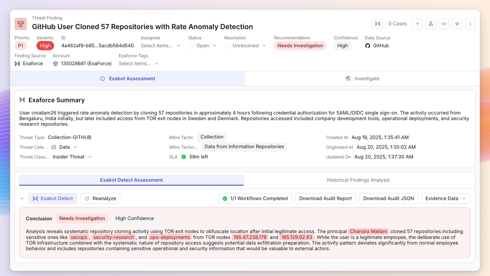 A threat finding for bulk repository cloning detected by rate anomaly, with the Exaforce summary explaining the TOR-based access pattern and a needs-investigation conclusion.