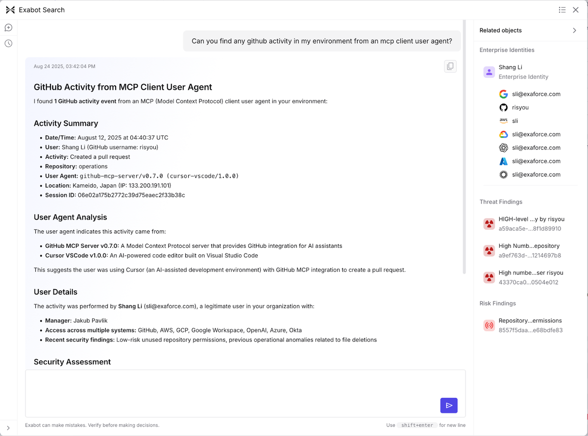 Exabot Search interface scanning GitHub repositories for activity related to MCP client usage