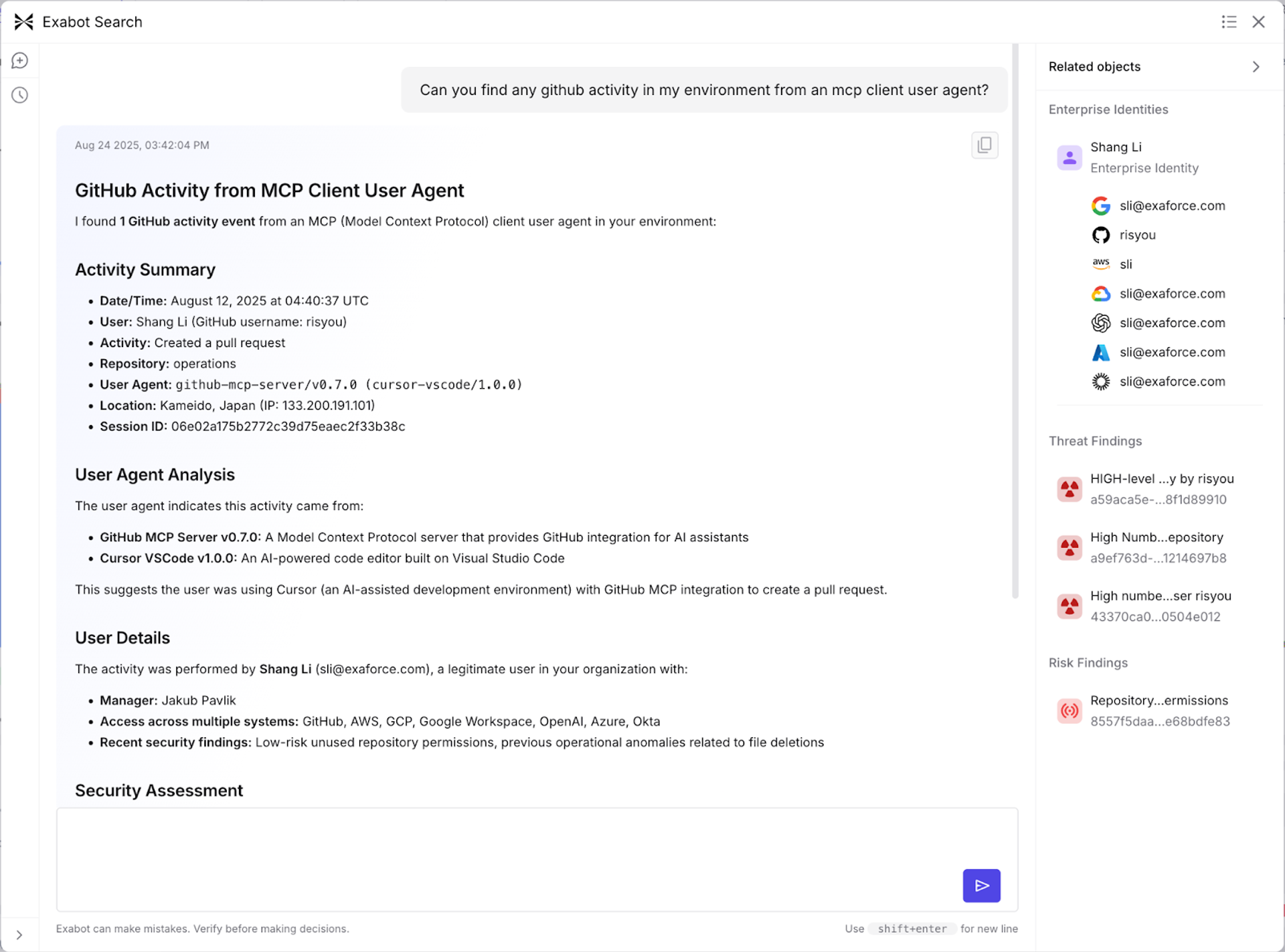 Exabot Search interface scanning GitHub repositories for activity related to MCP client usage