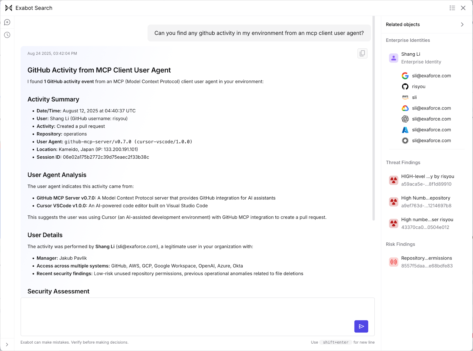 Exabot Search interface scanning GitHub repositories for activity related to MCP client usage