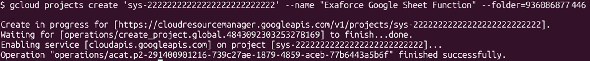 「Exaforce Google Sheet Function」という名前の新しいプロジェクトを作成するgcloudコマンド