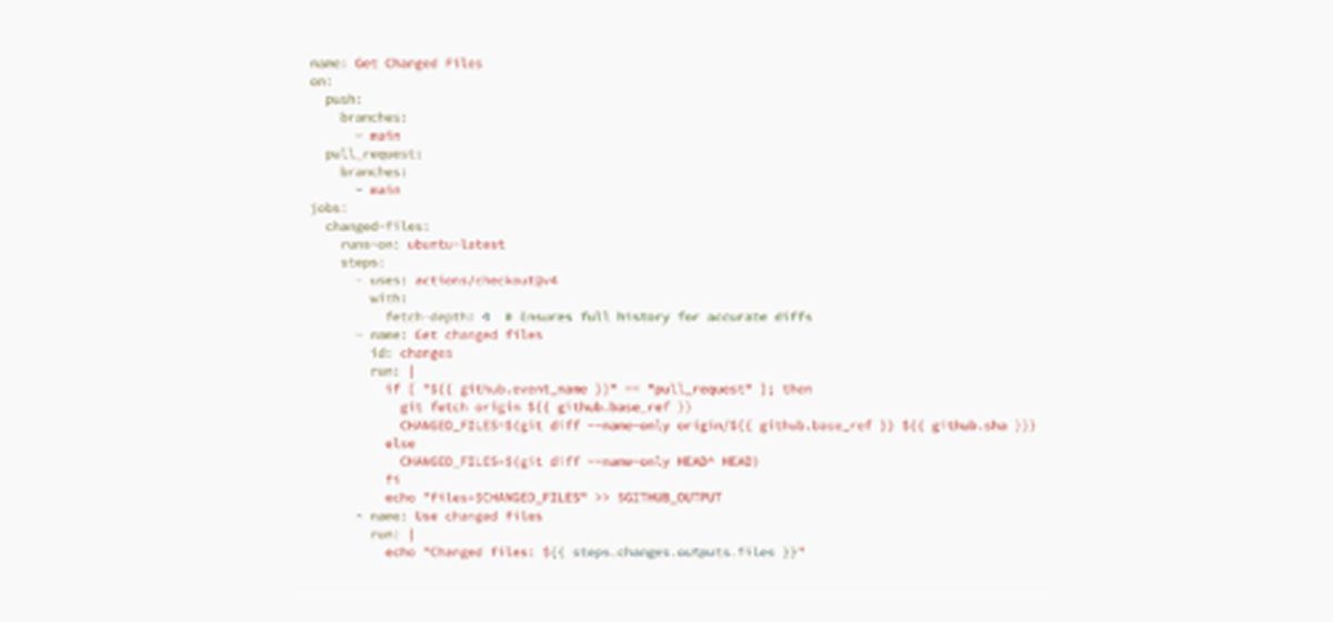Screenshot of a GitHub Actions YAML workflow named “Get Changed Files” showing jobs, branches, and script commands for fetching diffs