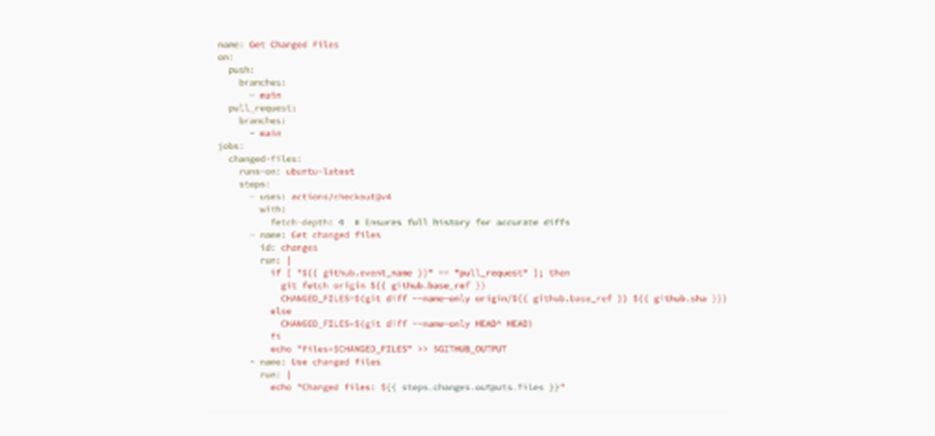 Screenshot of a GitHub Actions YAML workflow named “Get Changed Files” showing jobs, branches, and script commands for fetching diffs