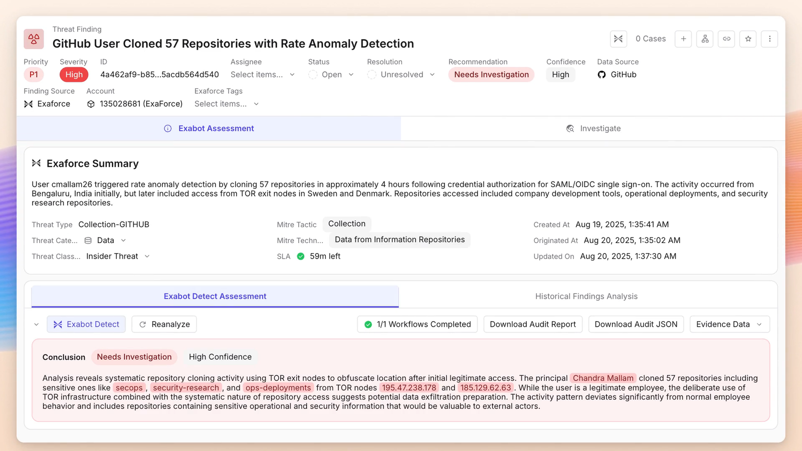 A threat finding for bulk repository cloning detected by rate anomaly, with the Exaforce summary explaining the TOR-based access pattern and a needs-investigation conclusion.