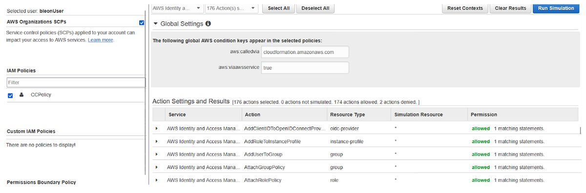 AWSサービス経由で呼び出した場合に許可されるIAMアクションを示すAWSポリシーシミュレーター