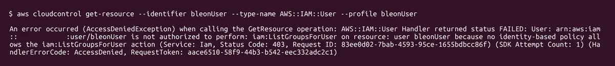 AccessDeniedExceptionエラーを示すAWS CLIのターミナル出力