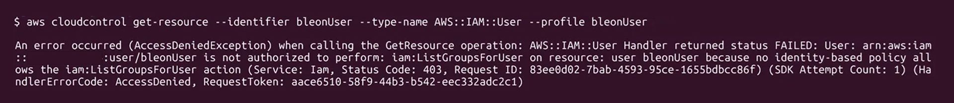 AccessDeniedExceptionエラーを示すAWS CLIのターミナル出力