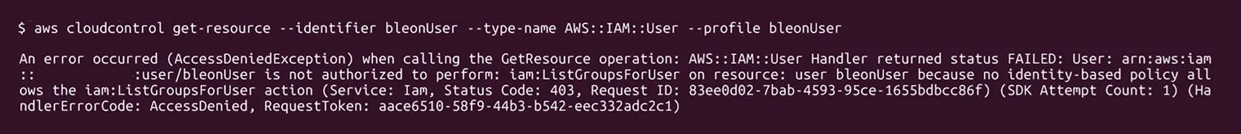 AccessDeniedExceptionエラーを示すAWS CLIのターミナル出力