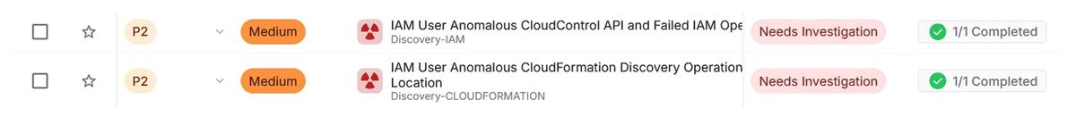 CloudControlとCloudFormationの不正利用として検出された、深刻度：中のIAM異常の検出結果2件
