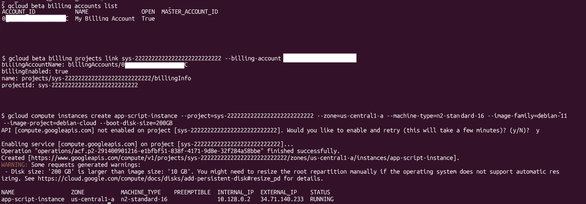 GCPの請求アカウントの紐付けと、gcloud computeによるVMインスタンスの作成を表示したターミナル