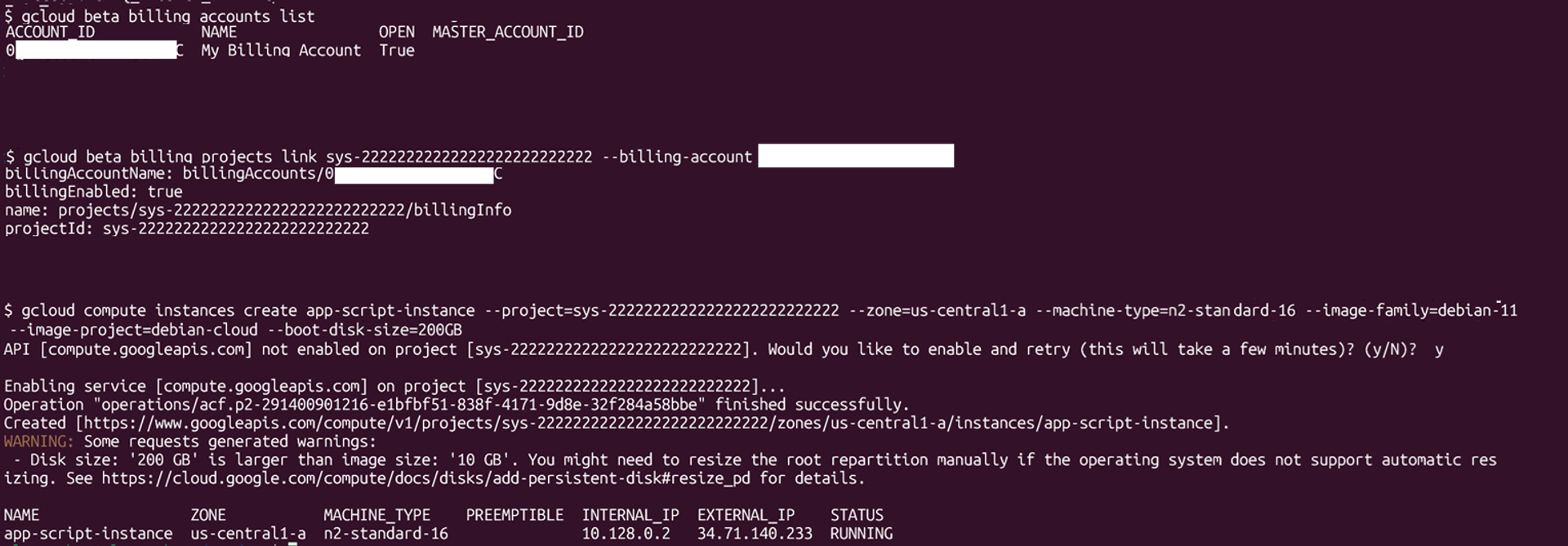 GCPの請求アカウントの紐付けと、gcloud computeによるVMインスタンスの作成を表示したターミナル