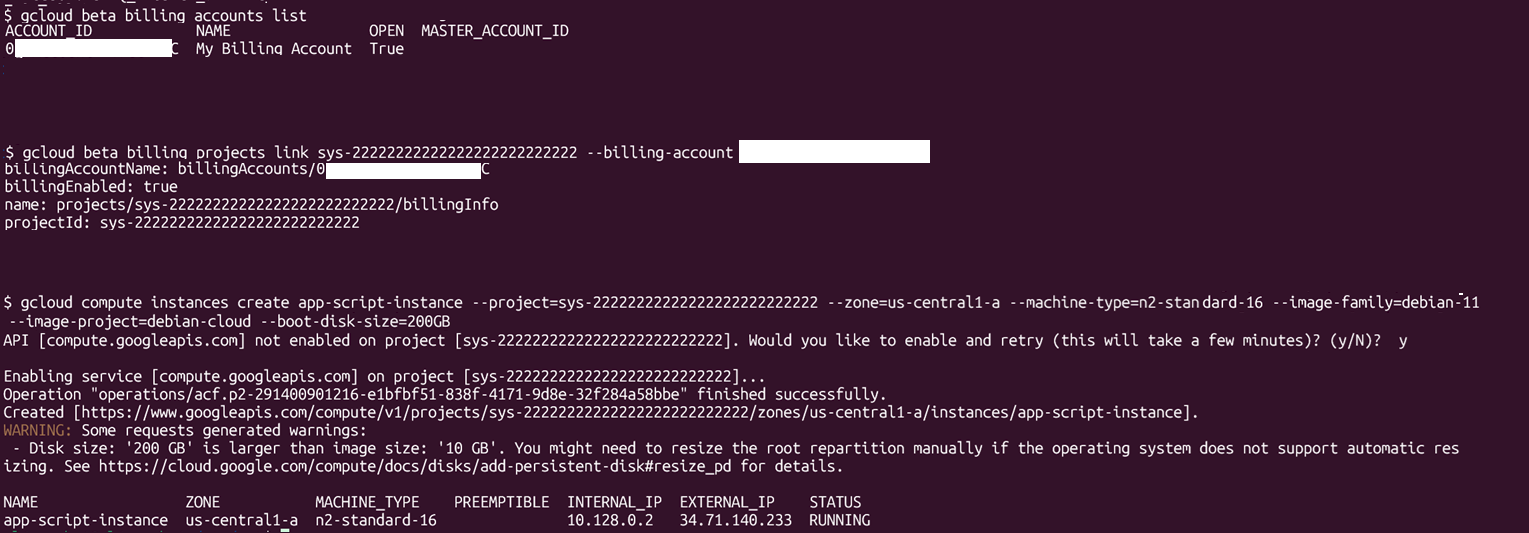 GCPの請求アカウントの紐付けと、gcloud computeによるVMインスタンスの作成を表示したターミナル