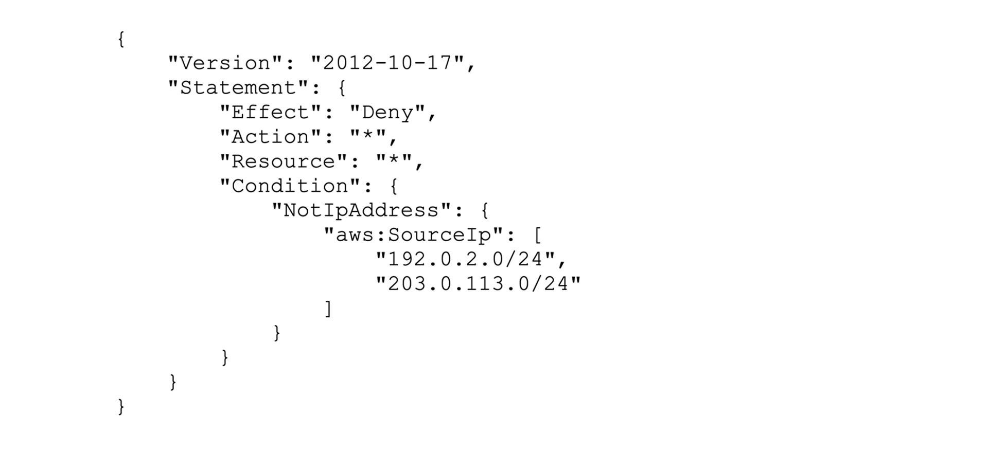 指定したIP範囲192.0.2.0/24および203.0.113.0/24からのリクエストでない限り、すべてのAWSアクションを拒否するJSONポリシーの抜粋