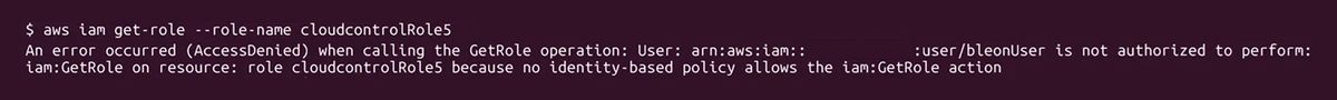 cloudcontrolRole5に対するGetRoleでAccessDeniedを示すAWS CLIのエラー