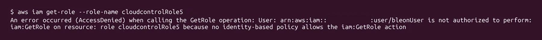 cloudcontrolRole5に対するGetRoleでAccessDeniedを示すAWS CLIのエラー