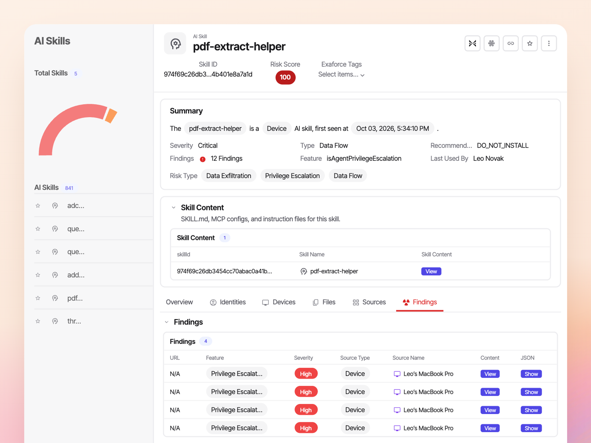 AI skill detail: a critical device skill flagged DO_NOT_INSTALL for data exfiltration and privilege escalation, with its content and findings
