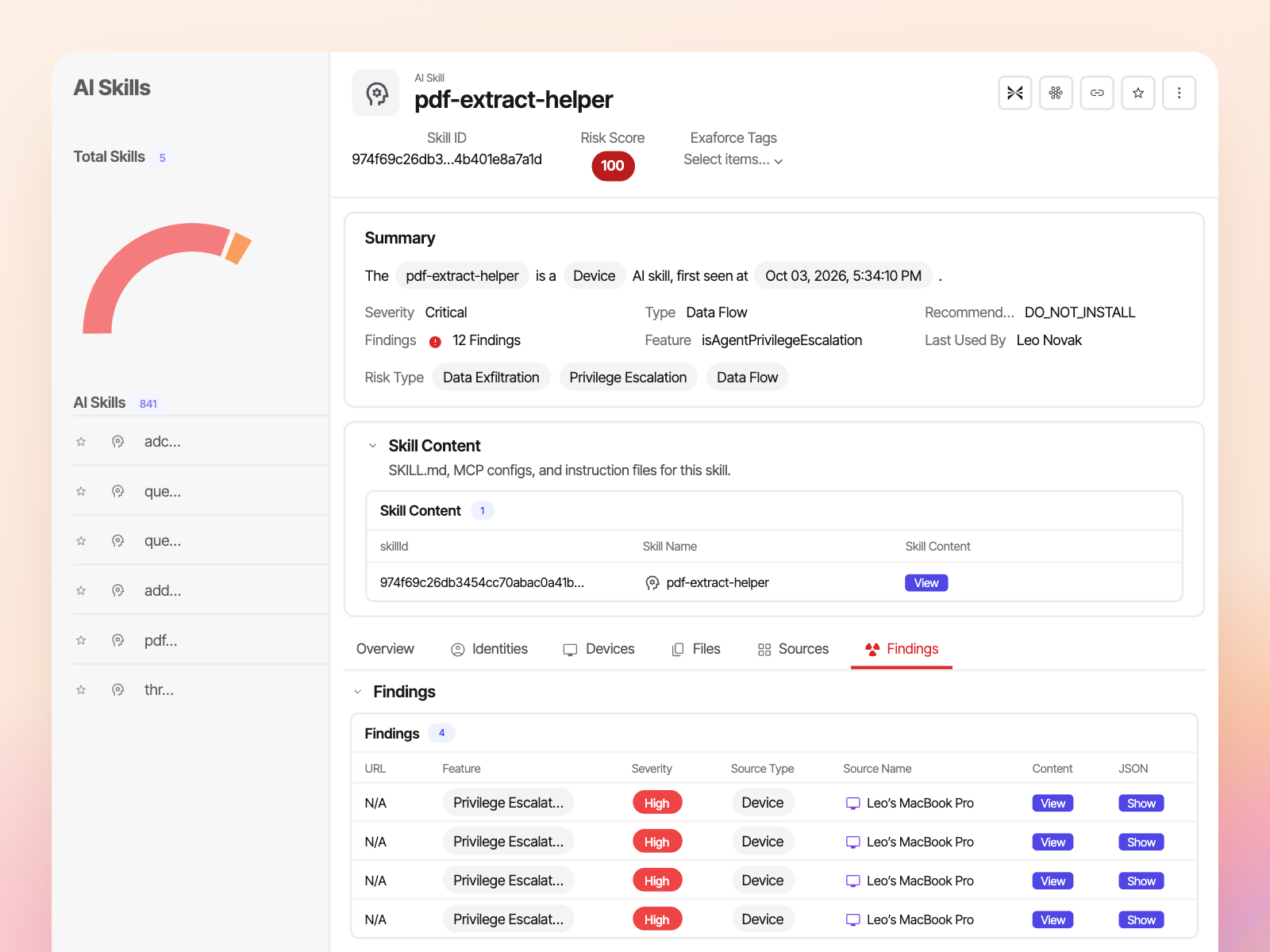 AI skill detail: a critical device skill flagged DO_NOT_INSTALL for data exfiltration and privilege escalation, with its content and findings