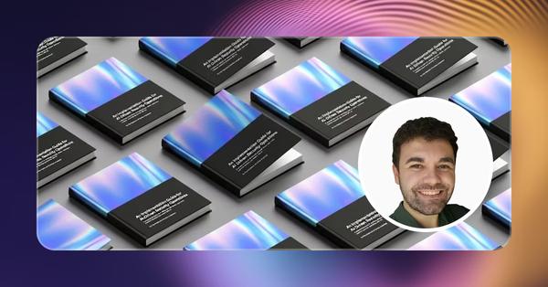 Copies of the implementation guide arranged in a grid, with a portrait of the author