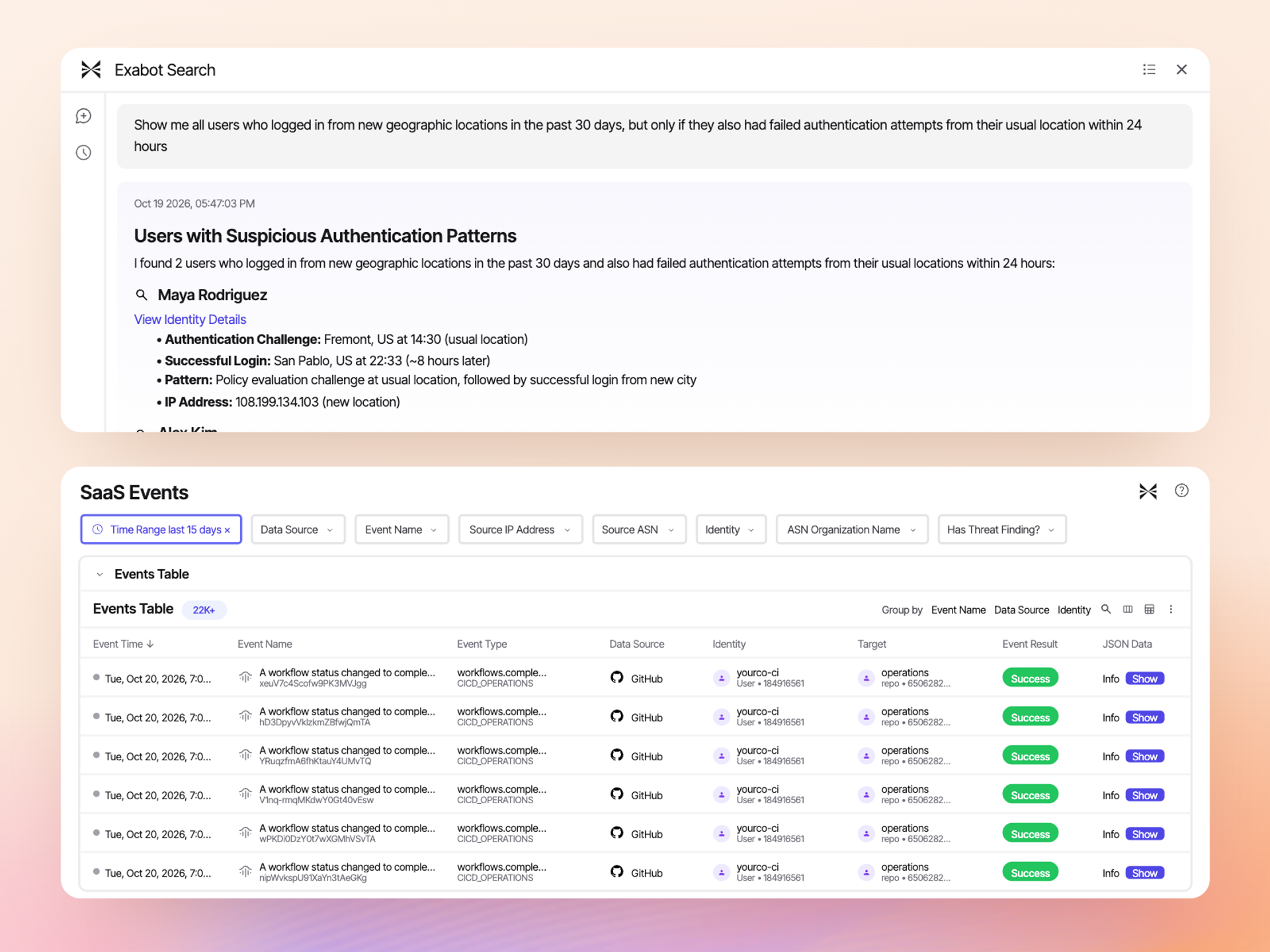 Exabot Search finds users with new-location logins after failed authentication, above the SaaS events table it queries without a SIEM