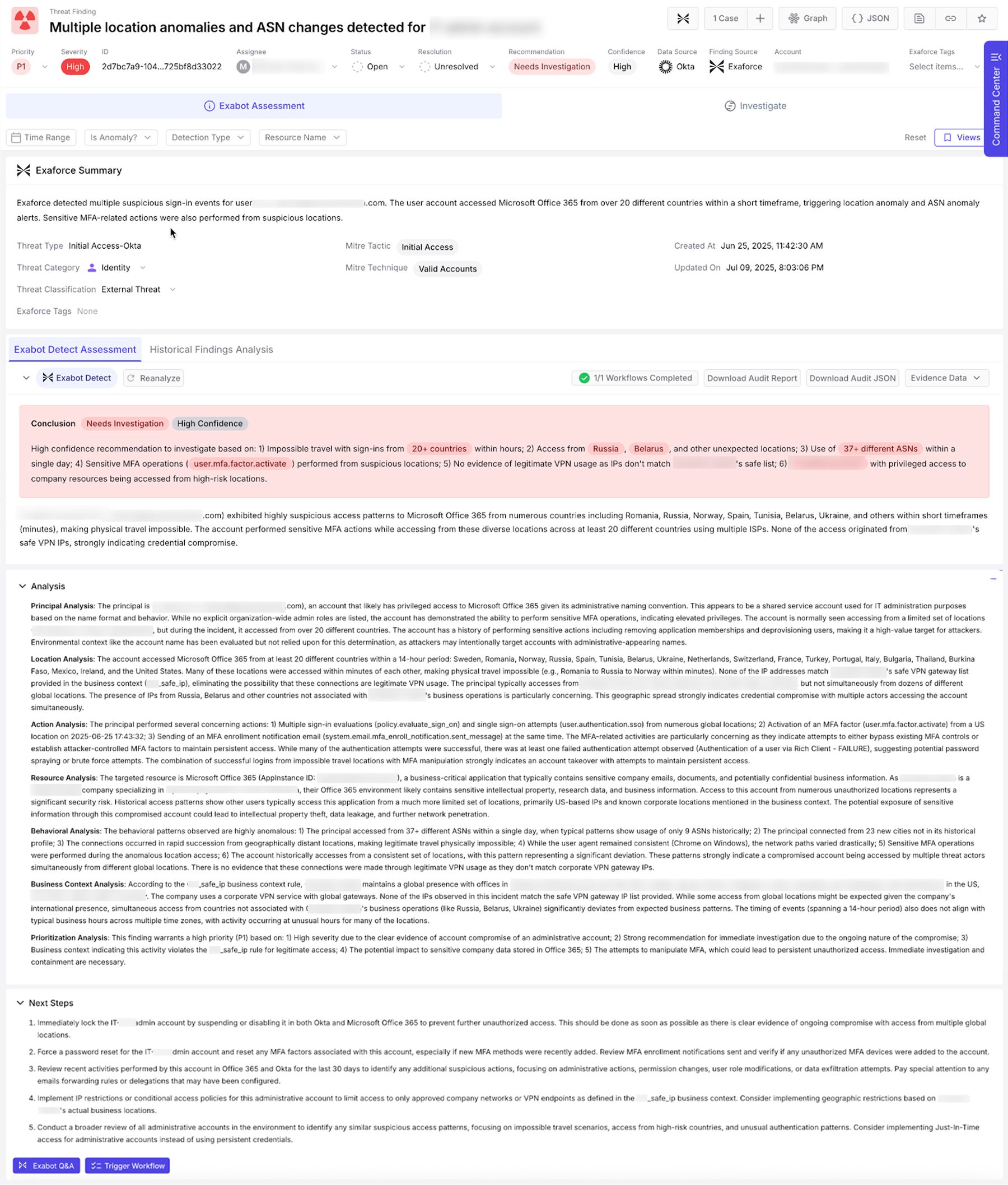 20か国以上にまたがる複数の位置情報の異常とASNの変化を表示したエクサフォースの脅威の検出結果