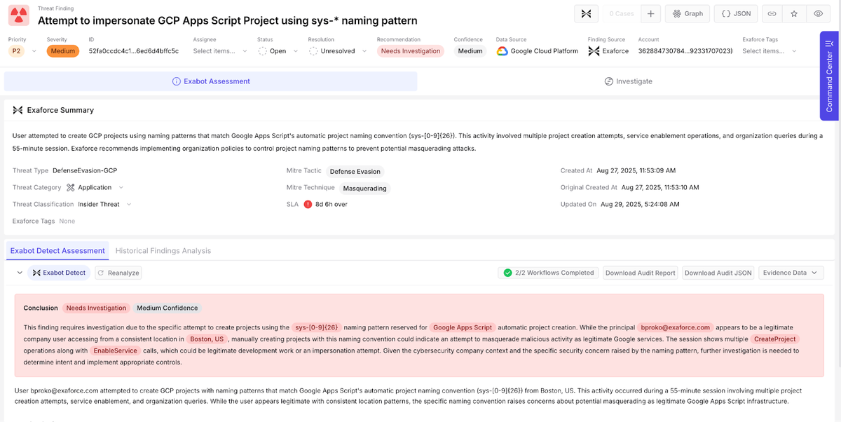 GCPのApps Scriptプロジェクトの命名パターンを偽装しようとする試みの検出を表示するエクサフォースのダッシュボード