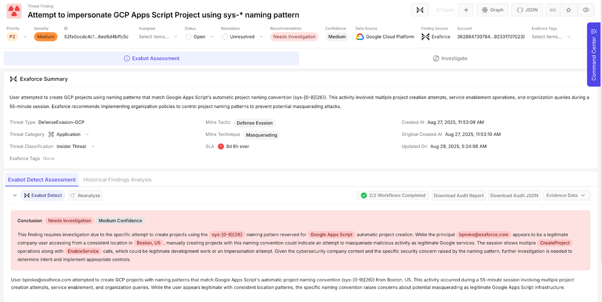 GCPのApps Scriptプロジェクトの命名パターンを偽装しようとする試みの検出を表示するエクサフォースのダッシュボード