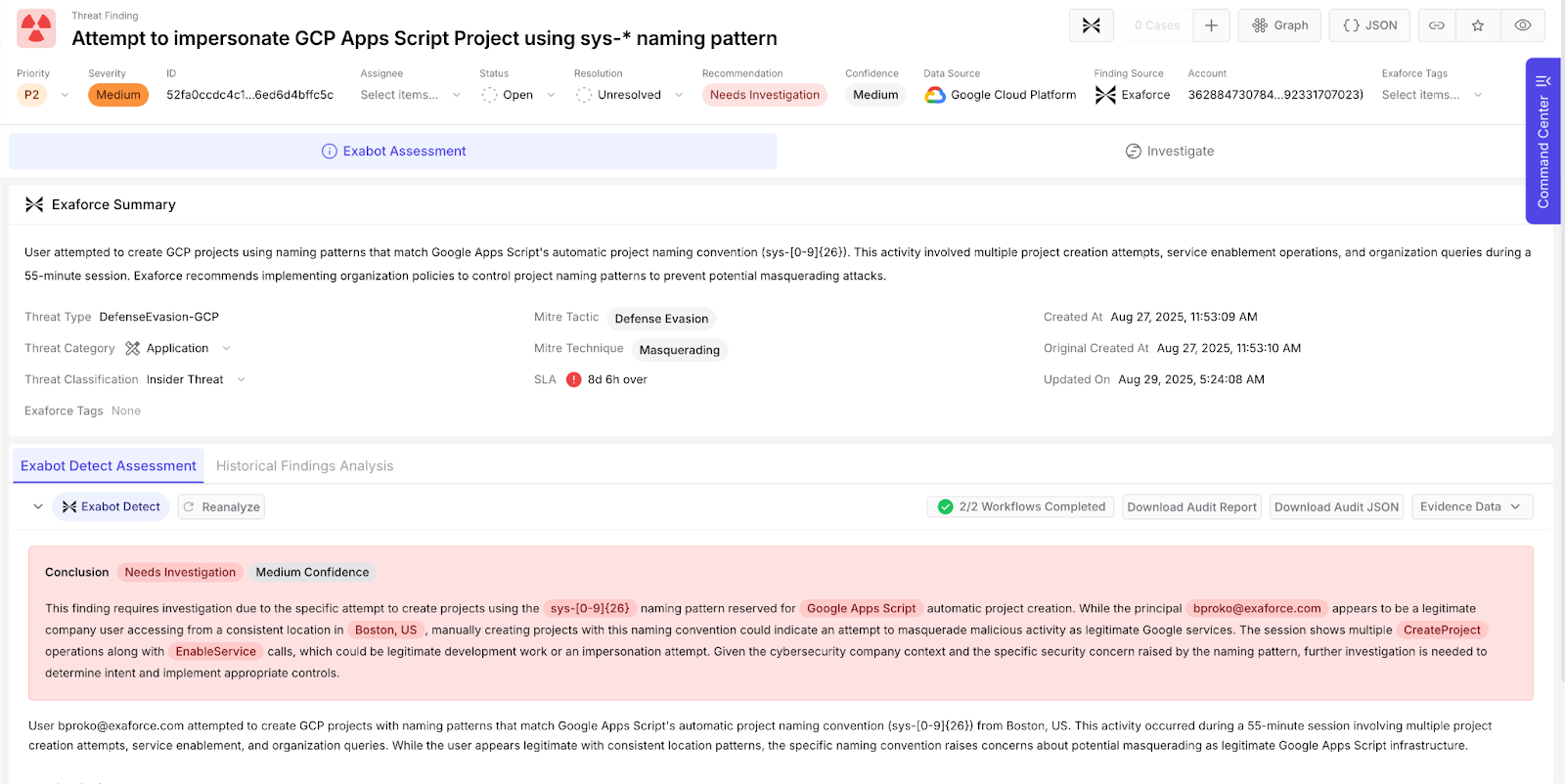 GCPのApps Scriptプロジェクトの命名パターンを偽装しようとする試みの検出を表示するエクサフォースのダッシュボード