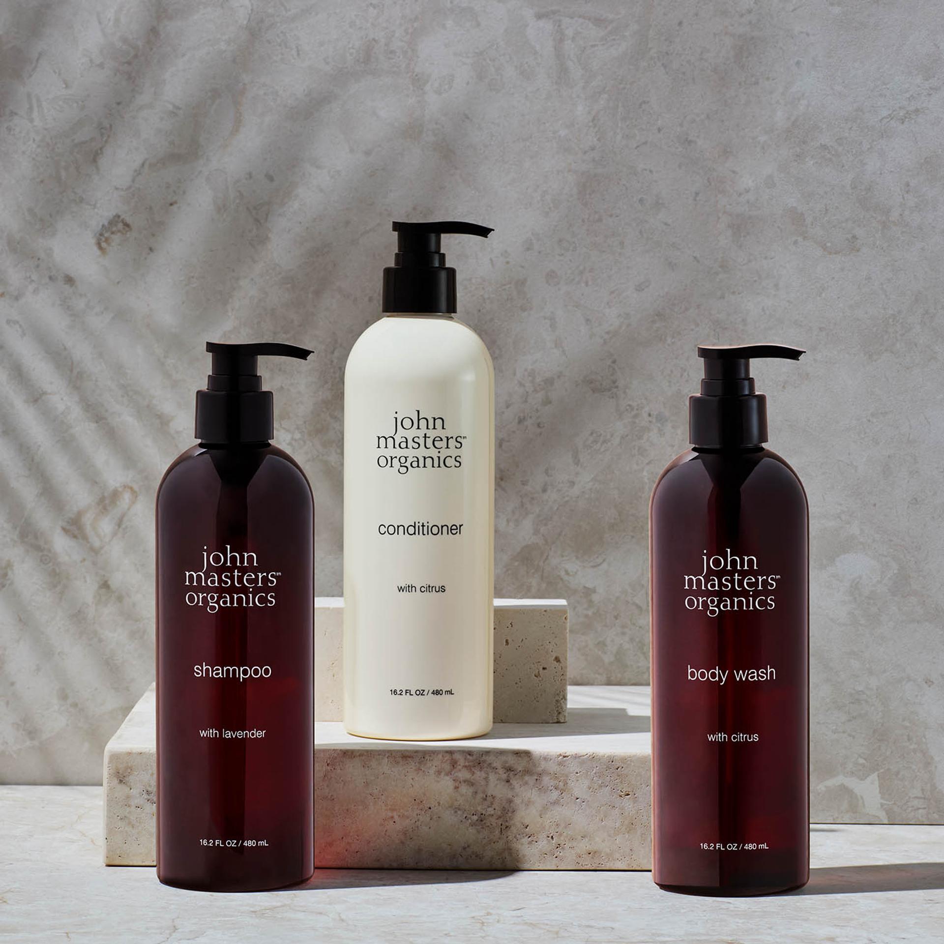 John Masters Organics Body Milk Shampoo, Conditioner and Body Wash bottles