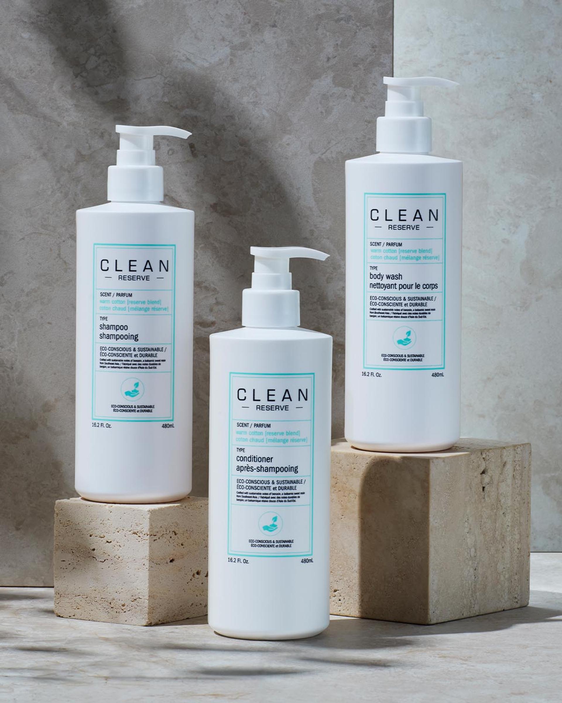 Clean Reserve Shampoo, Conditioner and Body Wash bottles