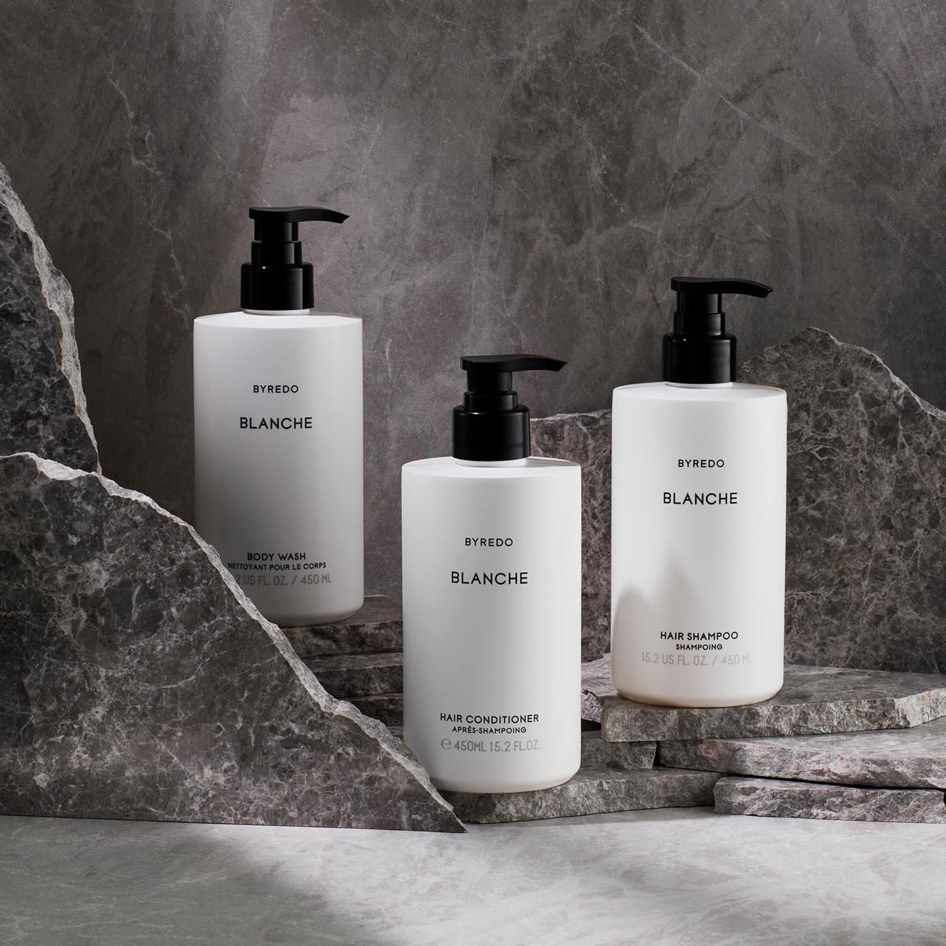 Byredo Blanche Shampoo, Conditioner and Body Wash bottles