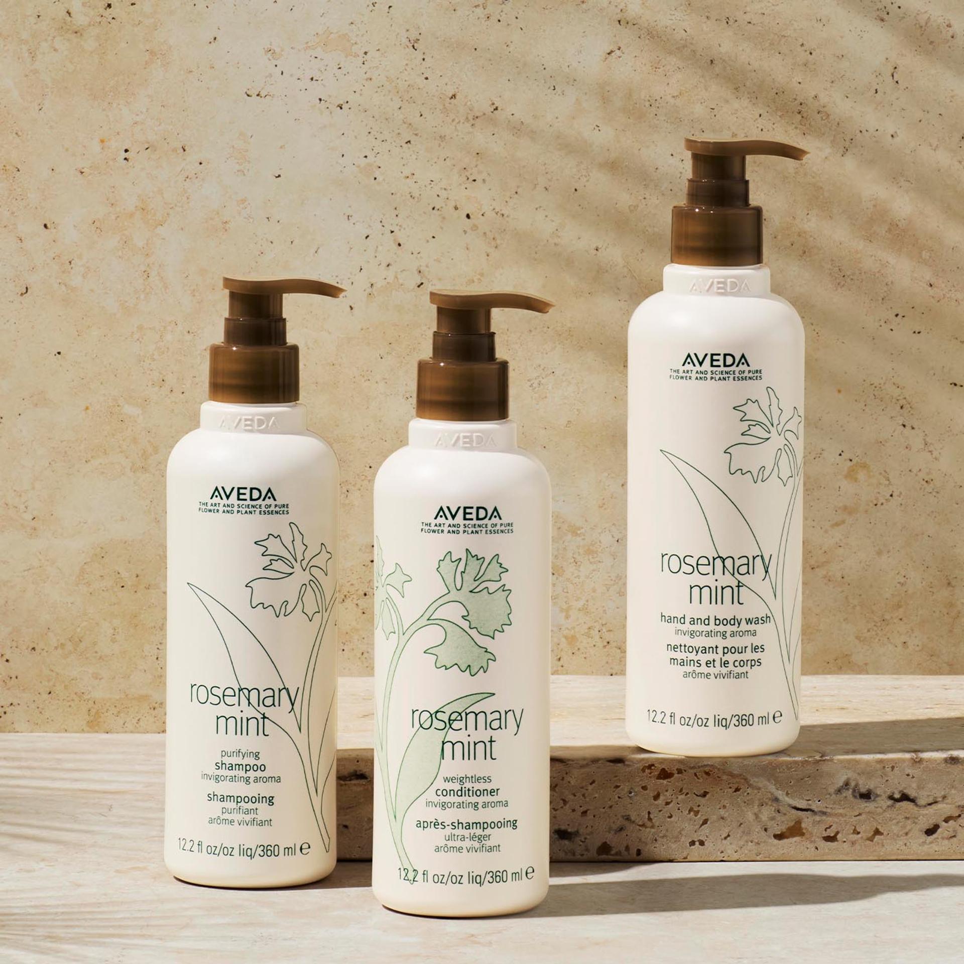 Aveda Rosemary Mint Shampoo, Conditioner and Hand and Body Wash bottles