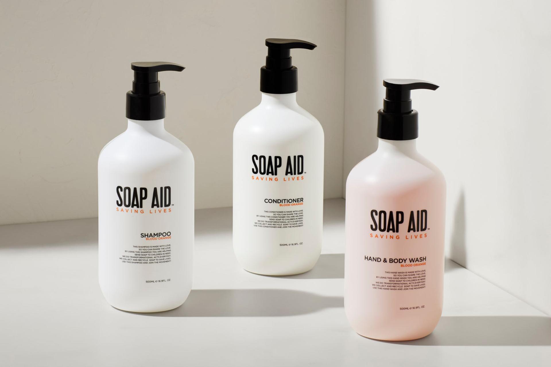 Soap Aid Shampoo, Conditioner and Hand & Wash bottles