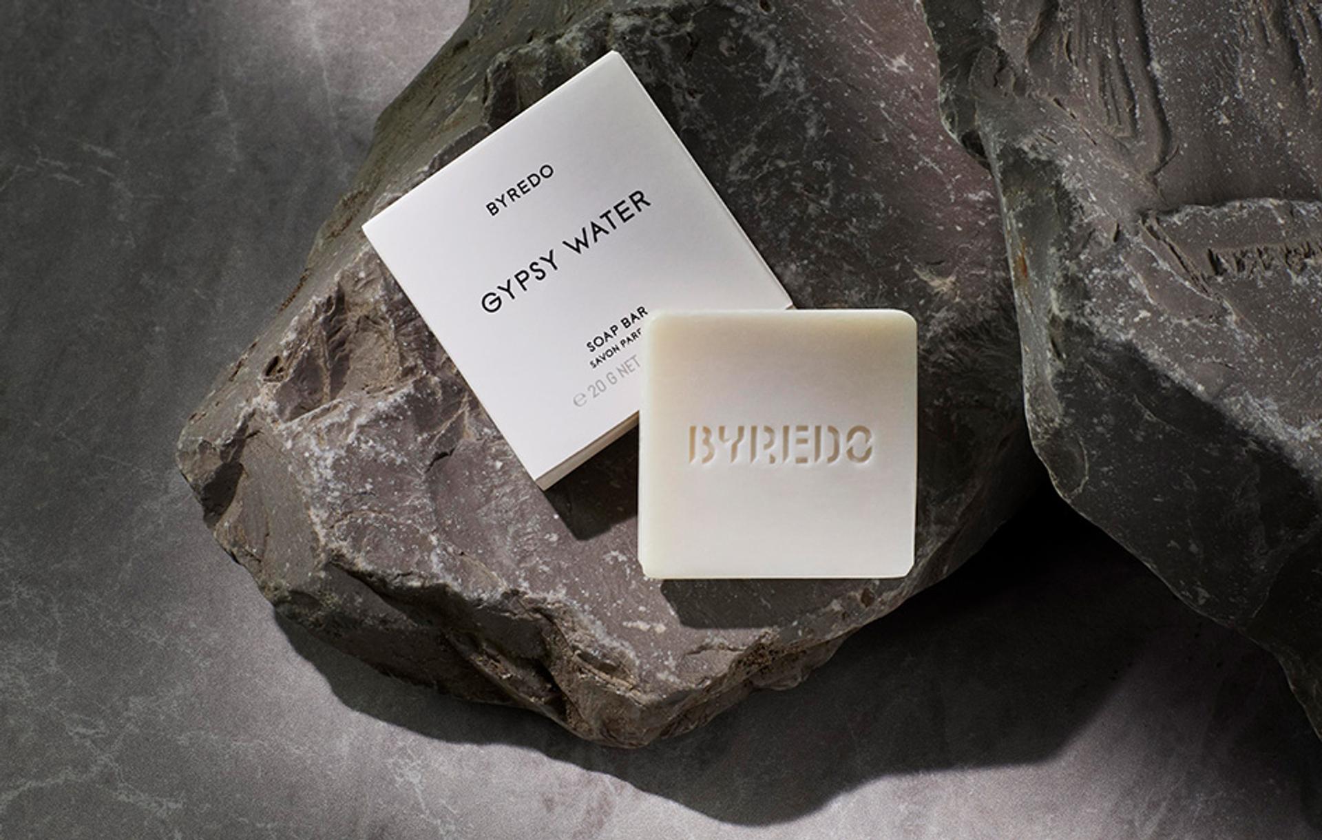Byredo Gypsy Water boxed Soap Bar sitting on rock