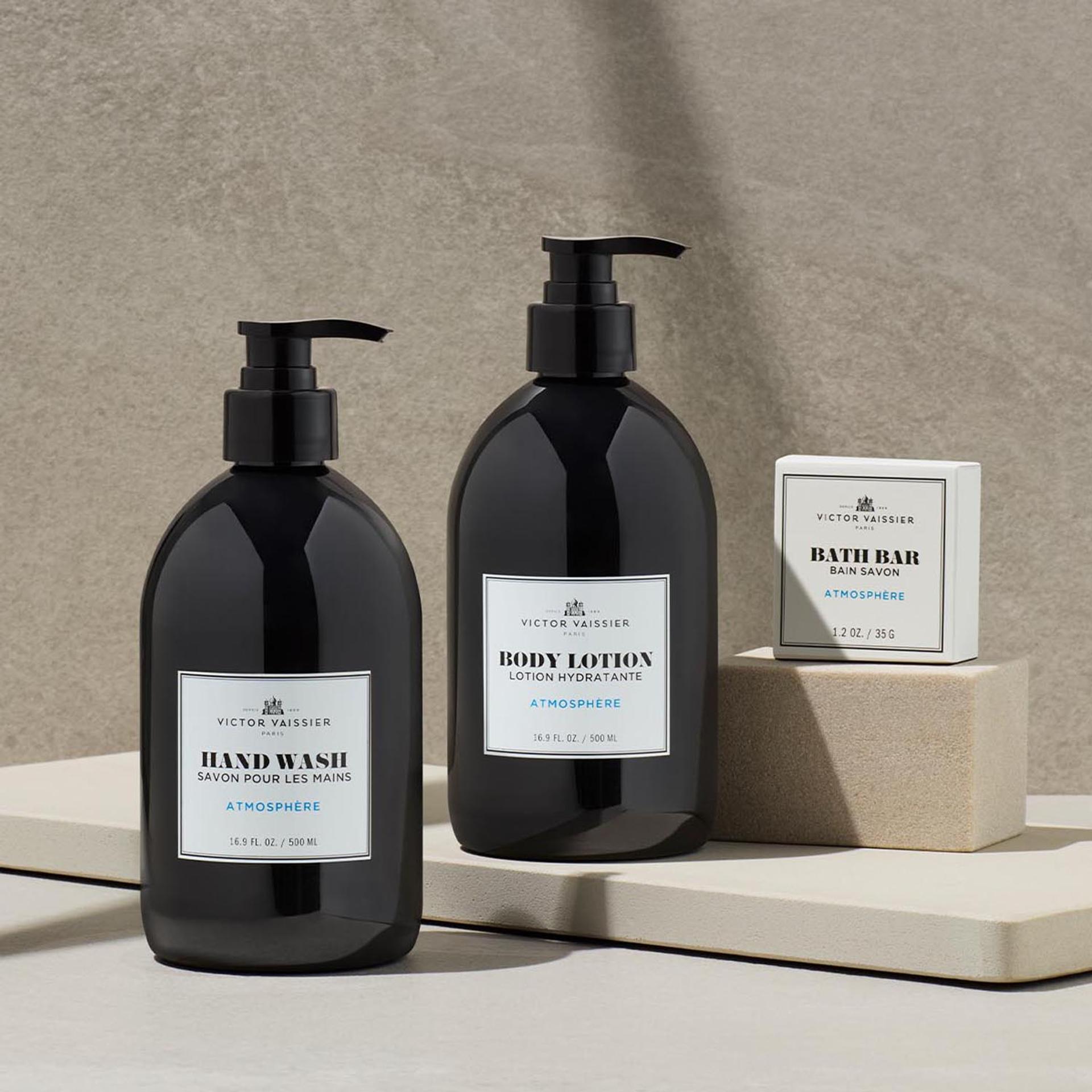 Victor Vaissier Hand Wash and Body Wash dispensers and bar soap on bathroom vanity