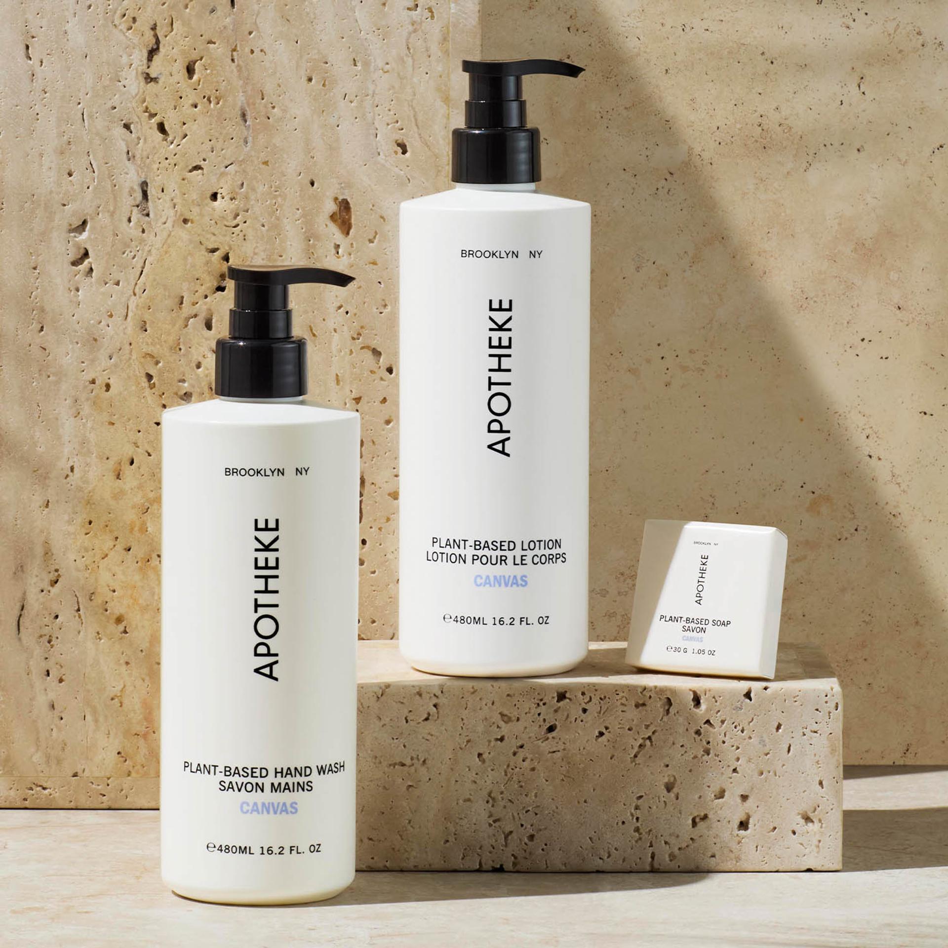 Apotheke Canvas Hand Wash and Lotion Bottles and small boxed soap