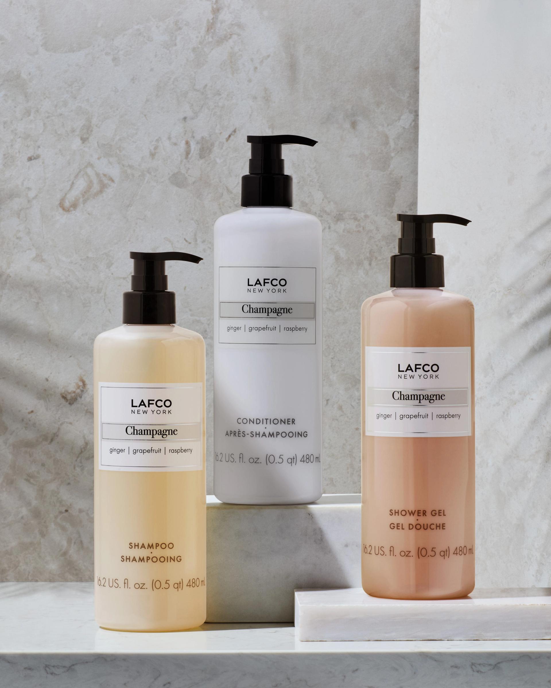 Lafco Champagne Shampoo, Conditioner and Shower Gel bottles