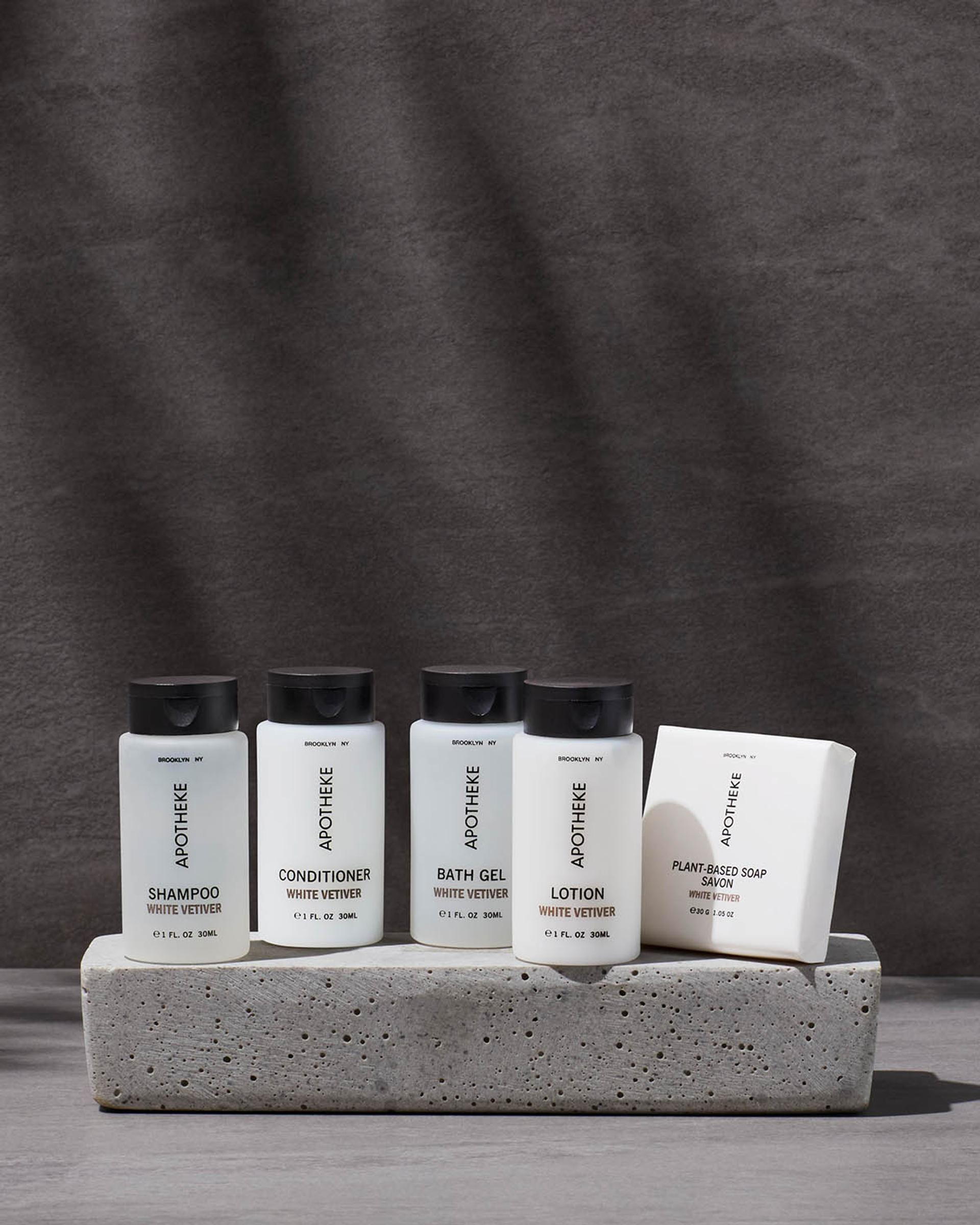 Apotheke White Vetiver Small Format Shampoo, Conditioner, Bath Gel, Lotion and soap bar