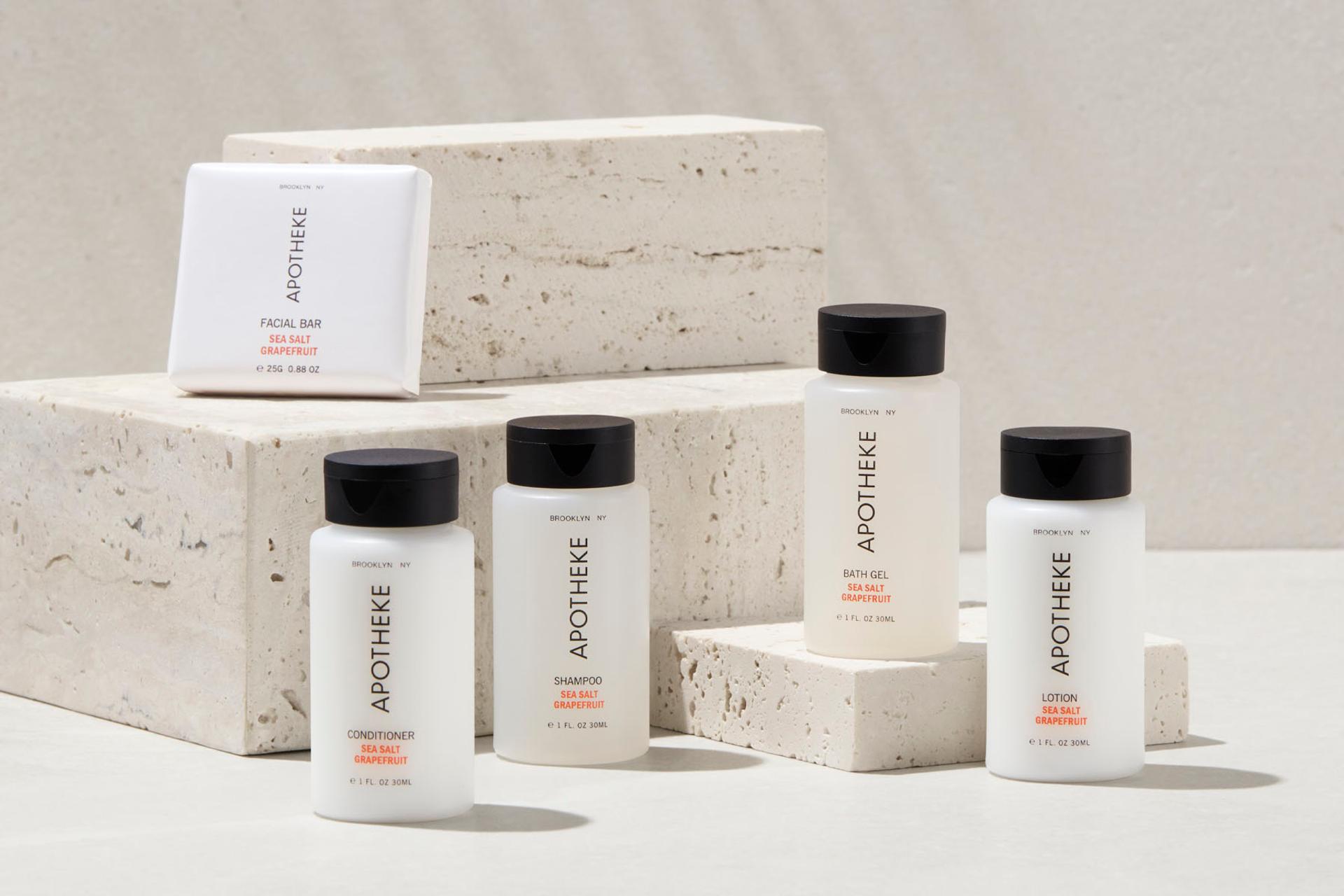 Apotheke Sea Salt Grapefruit Shampoo, Conditioner, Body Wash and Body Lotion small amenities and a Soap Bar