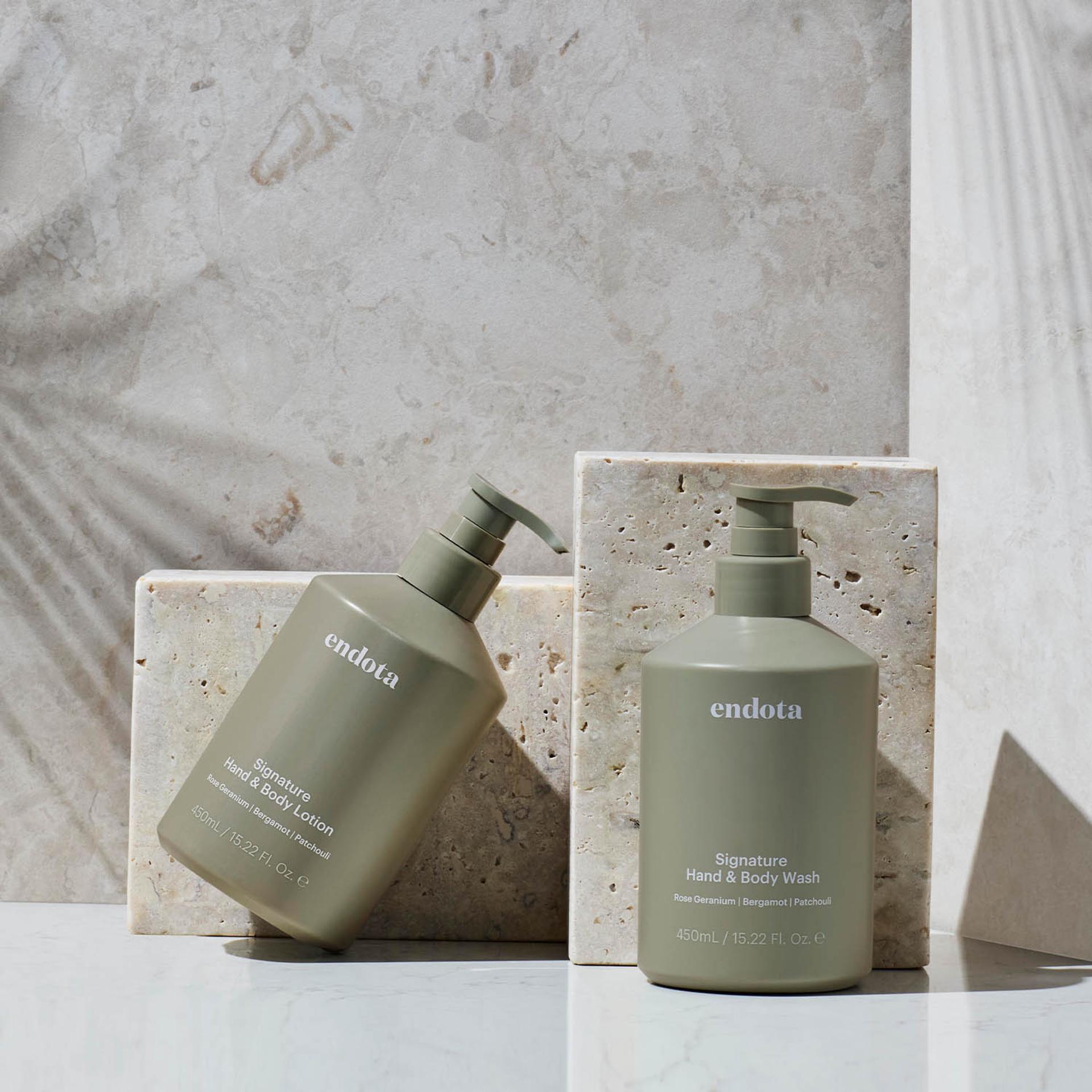 endota Signature Hand & Body Wash and Hand & Body Lotion in bottles