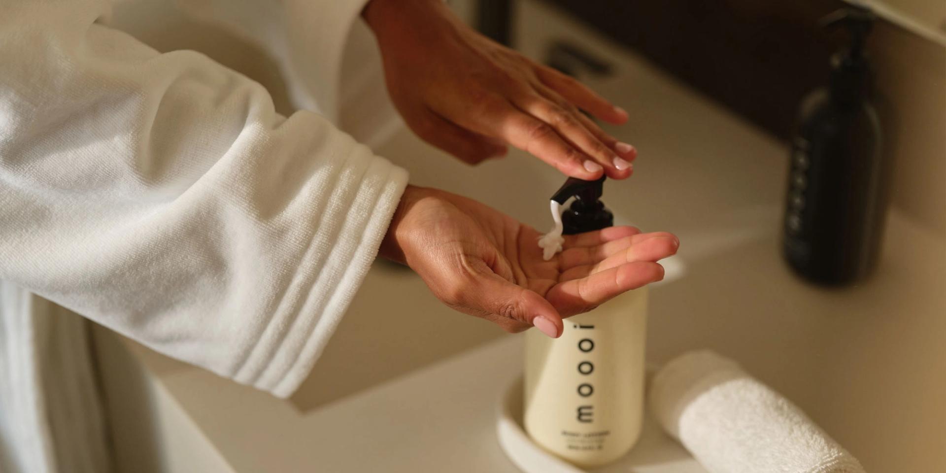 Moooi Body Lotion on the vanity side.
