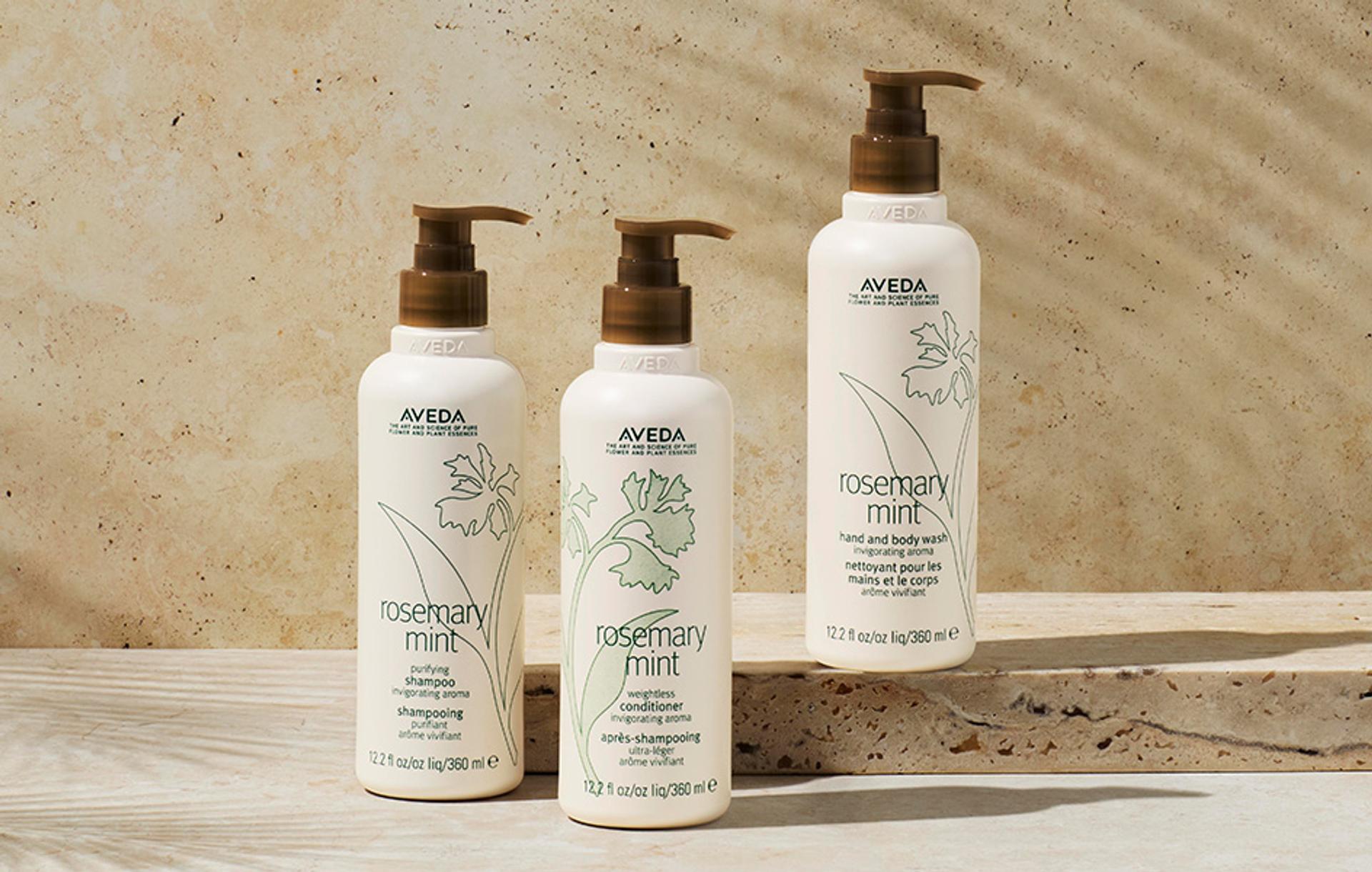 Aveda Rosemary Mint Shampoo, Conditioner and Hand and Body Wash bottles