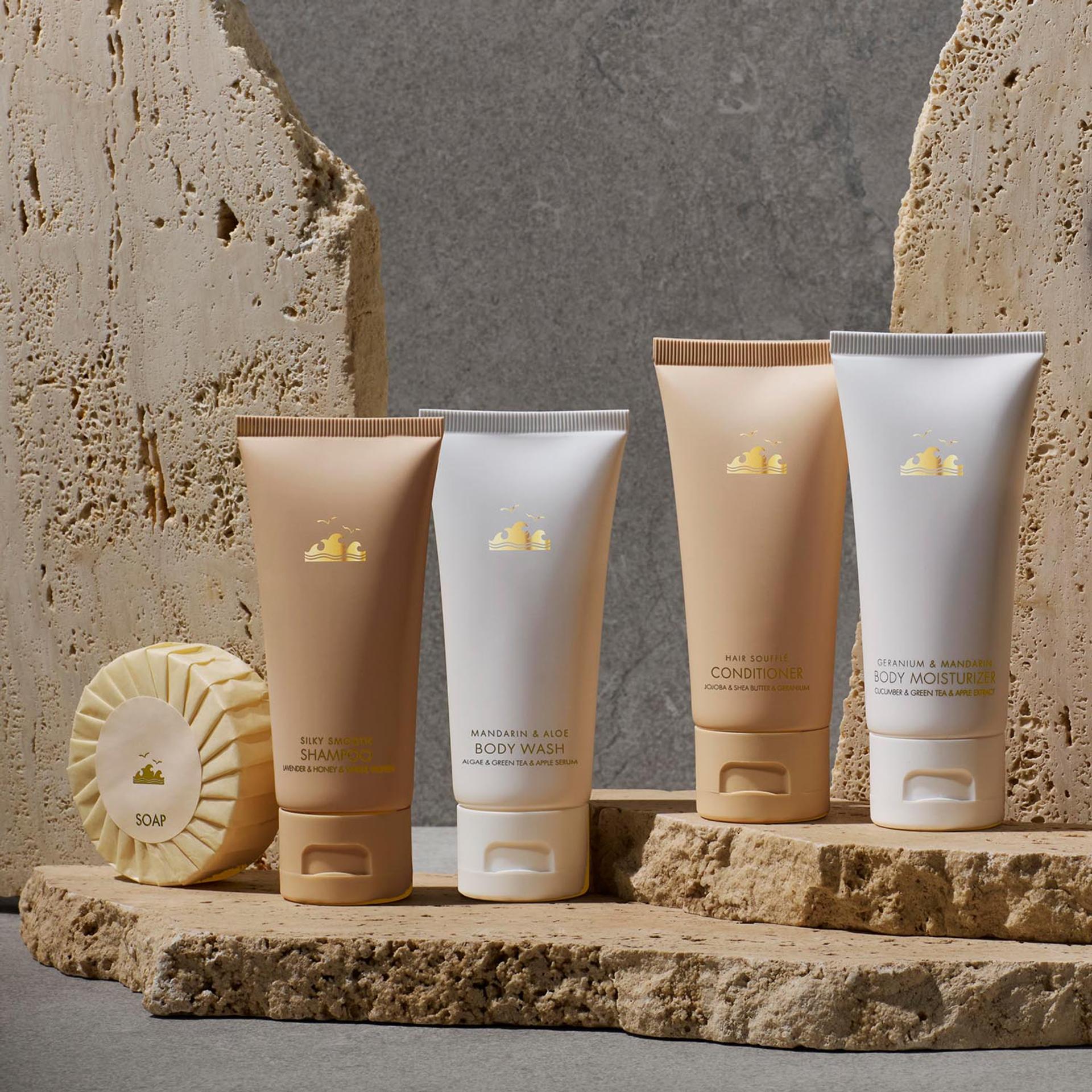 Four Seasons Surf Club Bespoke VIP Geranium & Mandarin Shampoo, Conditioner, Body Wash , Body Moisturizer and wrapped round Soap Bar