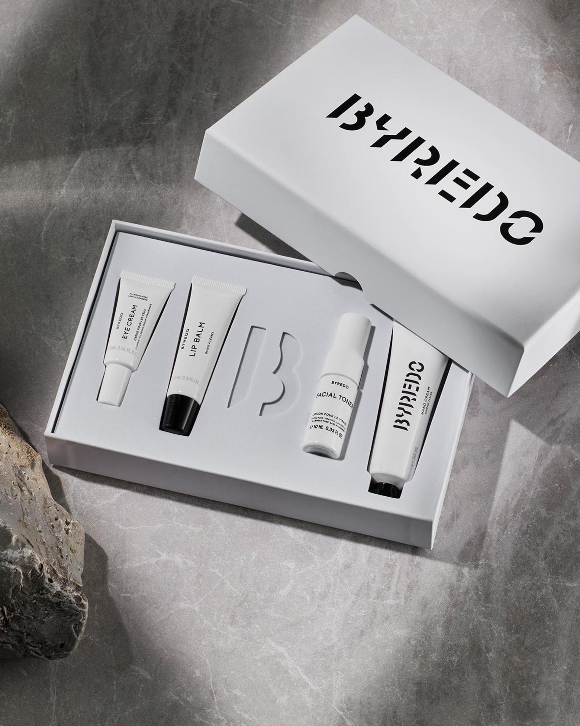 Byredo VIP Boxed Amenity Set containing Small Formats of Eye Cream, Lip Balm, Facial Toner and Hand Cream