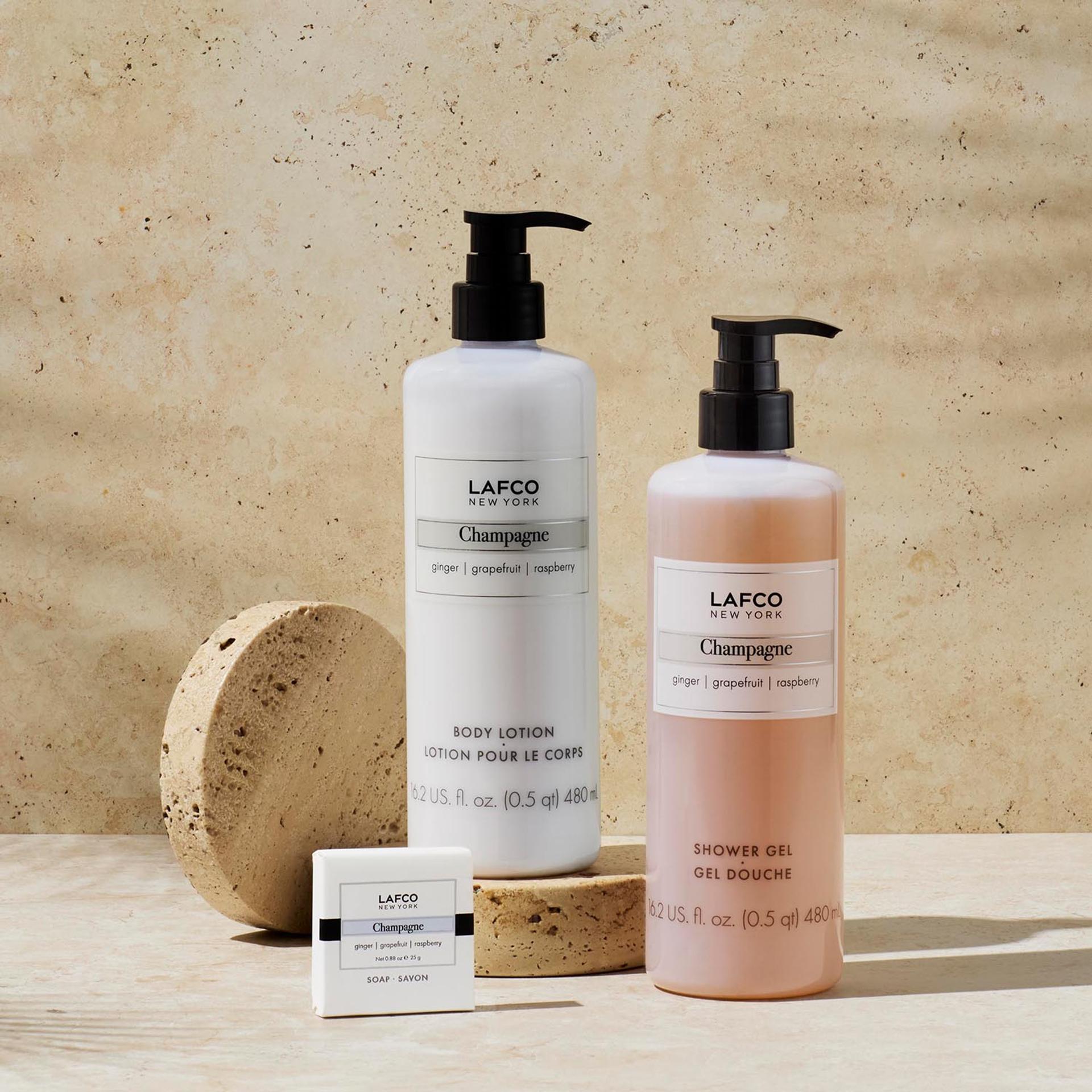 Lafco Champagne Body Lotion, Shower Gel and wrapped Soap Bar
