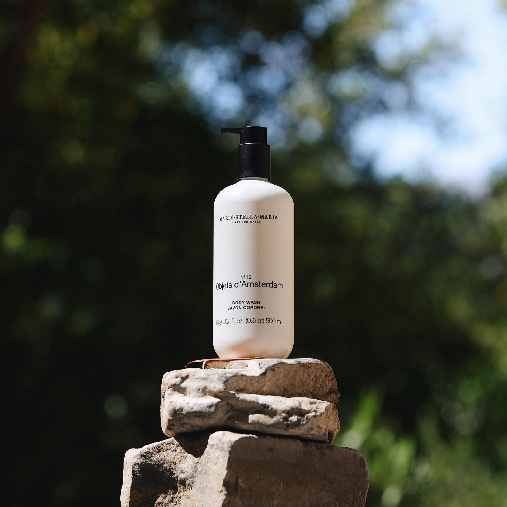 Marie Stella Maris Objets d'Amsterdam Body Wash dispenser on rocks in nature