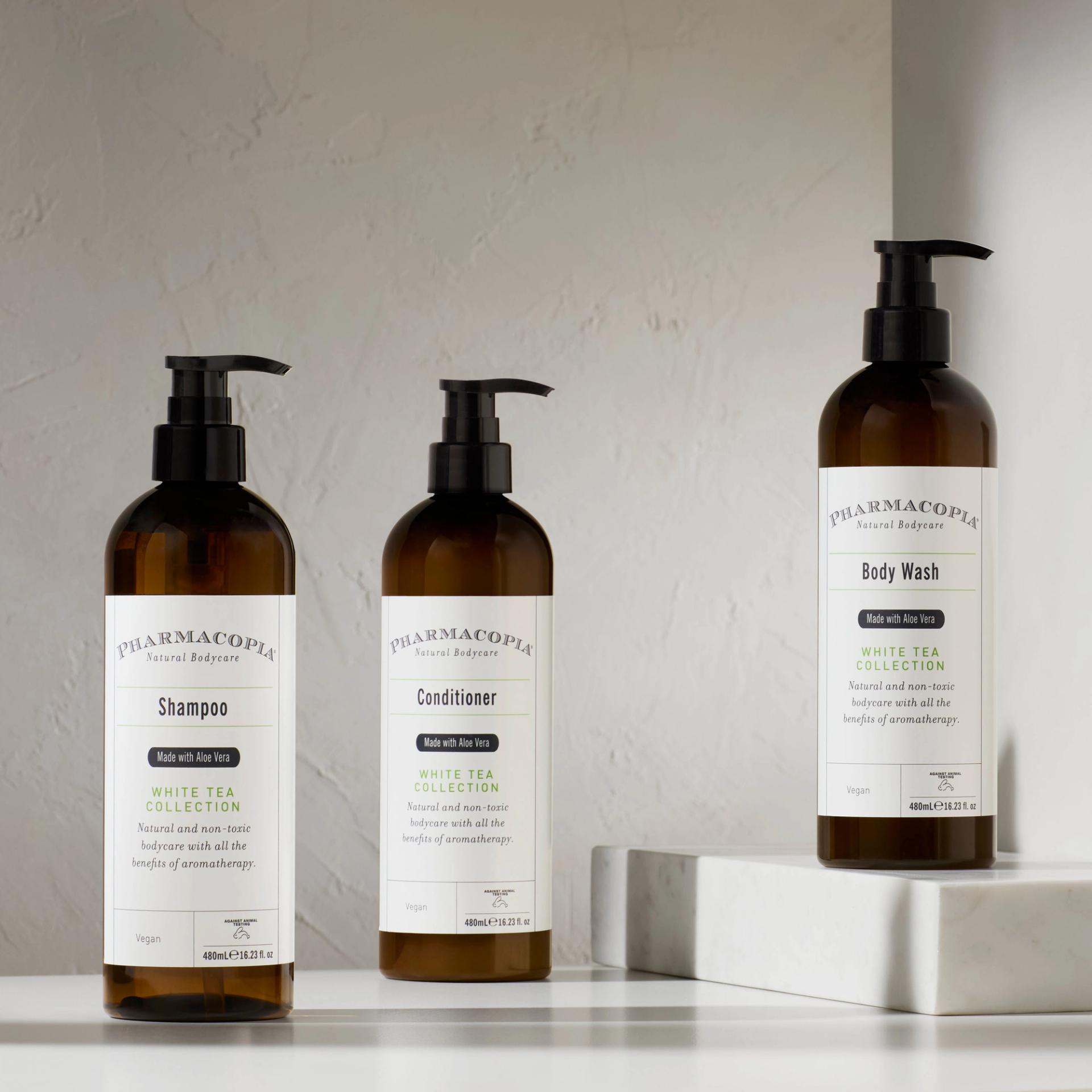 Pharmacopia White Tea Shampoo, Conditioner, Body Wash amenities