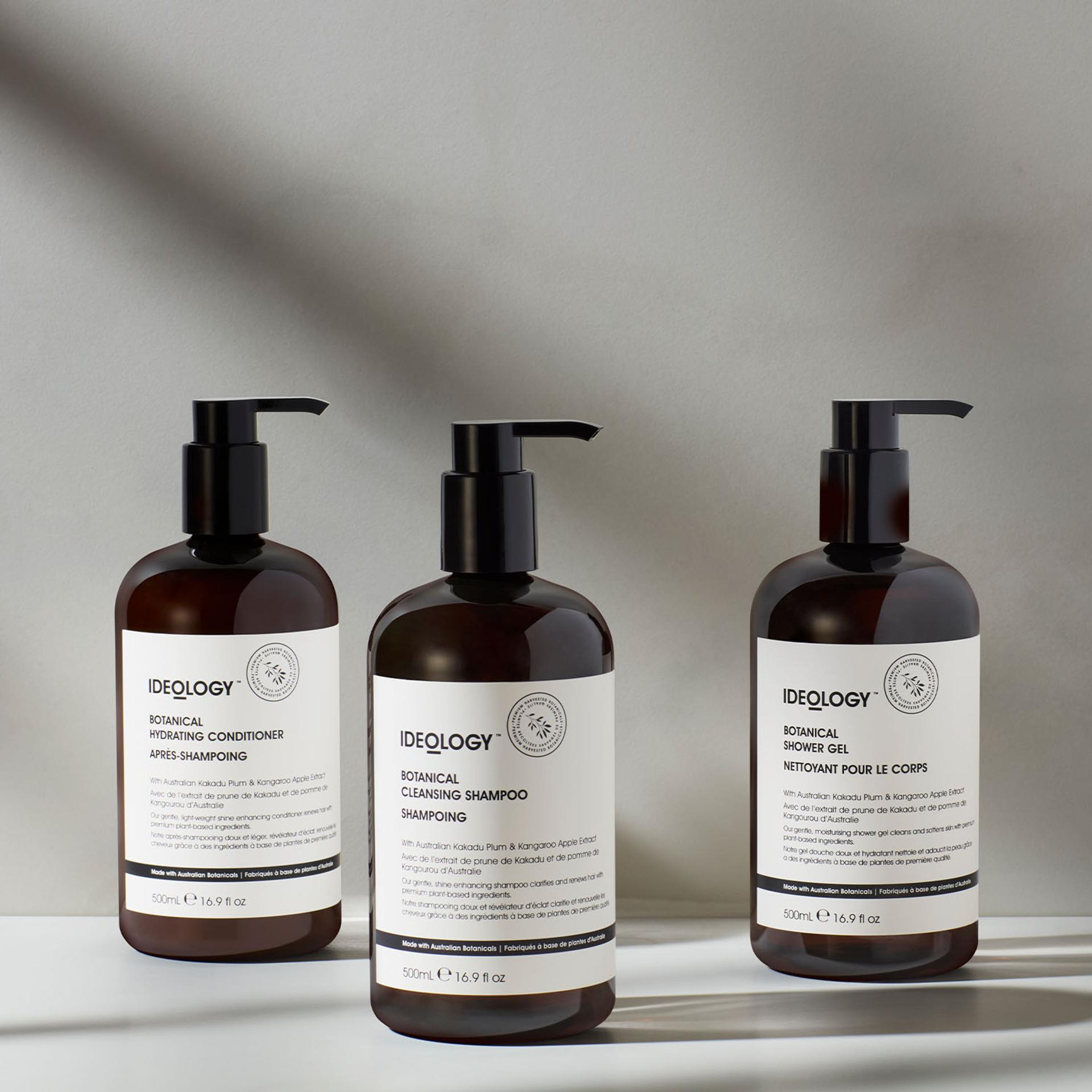 Ideology Botanical Shampoo, Conditioner and Shower Gel bottles